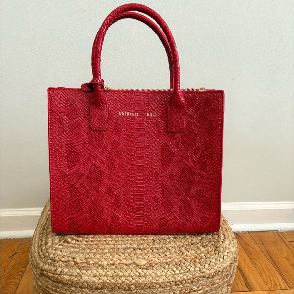 Nathaniel Noir Red Snake-Embossed Tote Bag (large with strap)